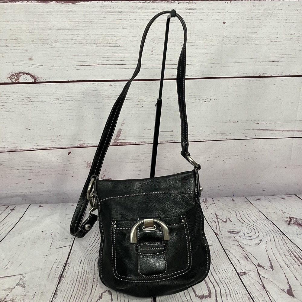 B Makowsky Black Genuine Leather Crossbody Bag Silver Buckle Shoulder Purse